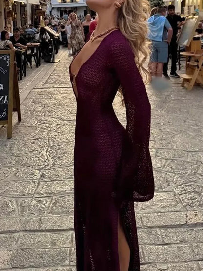 Vestido de otoño de punto calado para mujer, transparente, con escote en V, sin espalda, informal, para playa, vacaciones, maxivestido de punto, vestido de mujer nuevo