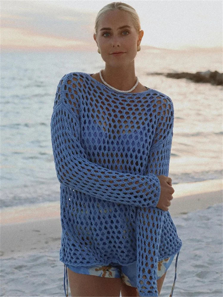 Vestido corto de punto calado para mujer, transparente, holgado, para playa, vacaciones, verano, patchwork, tejido de punto
