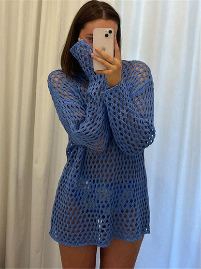 Vestido corto de punto calado para mujer, transparente, holgado, para playa, vacaciones, verano, patchwork, tejido de punto