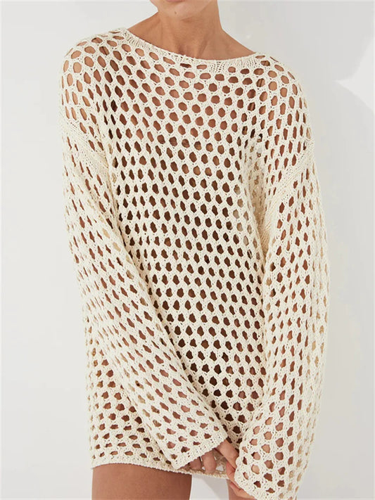 Vestido corto de punto calado para mujer, transparente, holgado, para playa, vacaciones, verano, patchwork, tejido de punto