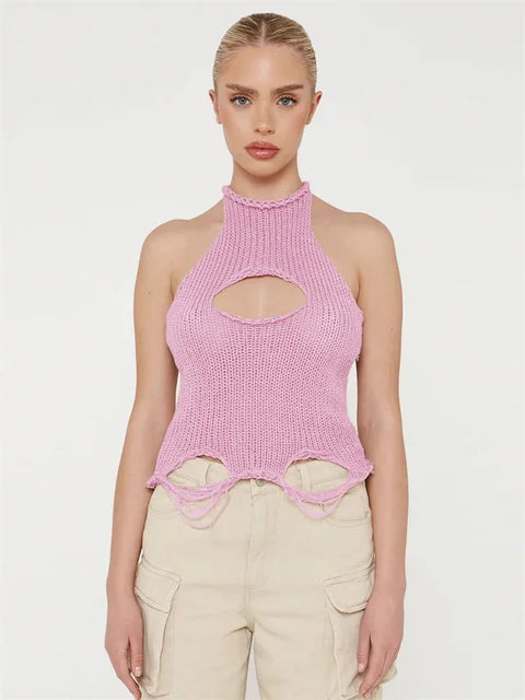 Top de punto calado para mujer Y2k, chaleco sin mangas, moda de verano 2025, jersey de punto, top corto, camiseta sin espalda para mujer