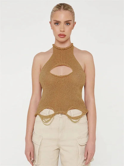 Top de punto calado para mujer Y2k, chaleco sin mangas, moda de verano 2025, jersey de punto, top corto, camiseta sin espalda para mujer