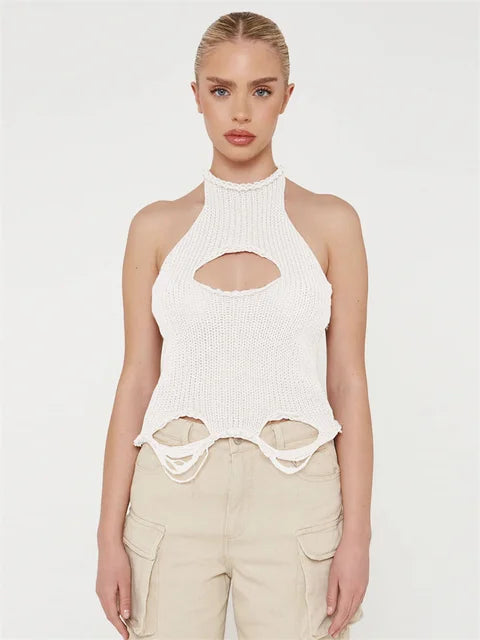 Top de punto calado para mujer Y2k, chaleco sin mangas, moda de verano 2025, jersey de punto, top corto, camiseta sin espalda para mujer