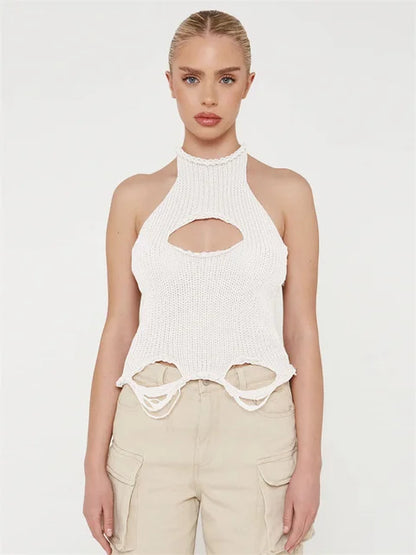 Top de punto calado para mujer Y2k, chaleco sin mangas, moda de verano 2025, jersey de punto, top corto, camiseta sin espalda para mujer