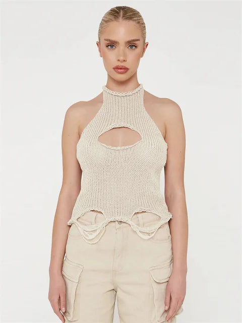 Top de punto calado para mujer Y2k, chaleco sin mangas, moda de verano 2025, jersey de punto, top corto, camiseta sin espalda para mujer