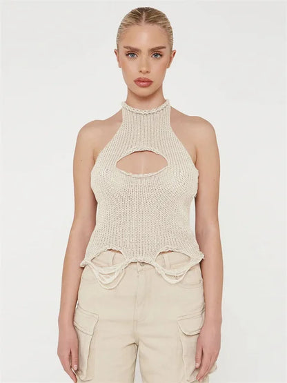 Top de punto calado para mujer Y2k, chaleco sin mangas, moda de verano 2025, jersey de punto, top corto, camiseta sin espalda para mujer