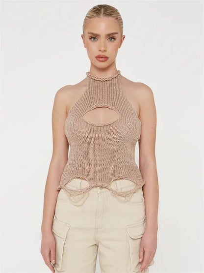 Top de punto calado para mujer Y2k, chaleco sin mangas, moda de verano 2025, jersey de punto, top corto, camiseta sin espalda para mujer