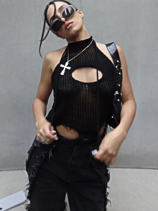 Top de punto calado para mujer Y2k, chaleco sin mangas, moda de verano 2025, jersey de punto, top corto, camiseta sin espalda para mujer