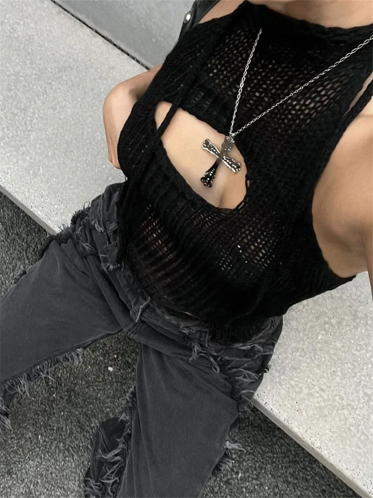 Top de punto calado para mujer Y2k, chaleco sin mangas, moda de verano 2025, jersey de punto, top corto, camiseta sin espalda para mujer