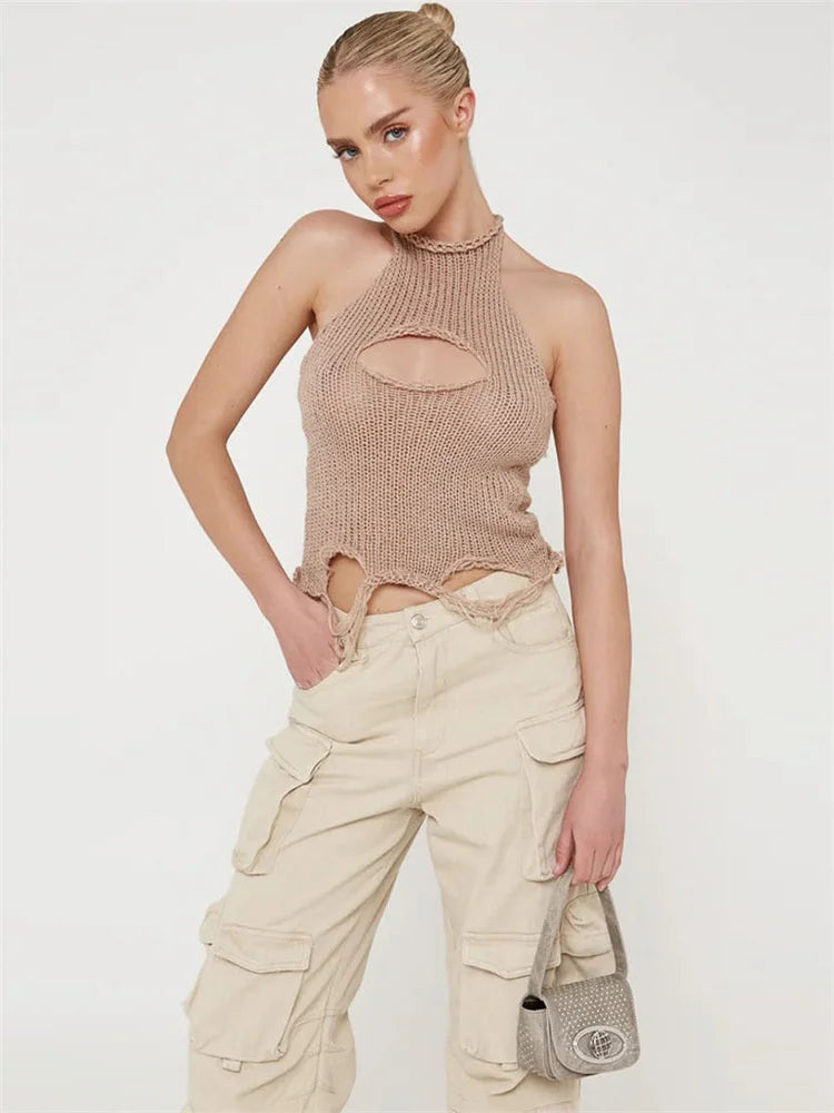 Top de punto calado para mujer Y2k, chaleco sin mangas, moda de verano 2025, jersey de punto, top corto, camiseta sin espalda para mujer