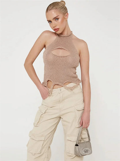Top de punto calado para mujer Y2k, chaleco sin mangas, moda de verano 2025, jersey de punto, top corto, camiseta sin espalda para mujer