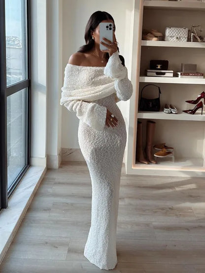 Knit Hollow Out Off-Shoulder Maxi Dress Female Cover up Loose Long Sleeve Holiday Beach Party Dress Women Knitwear Dress