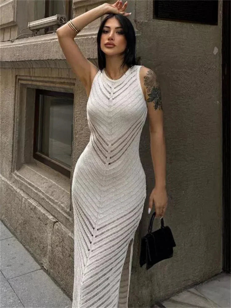 Vestido largo de punto con agujeros y retazos para mujer, de cintura alta, sin mangas, transparente, elegante, para fiesta