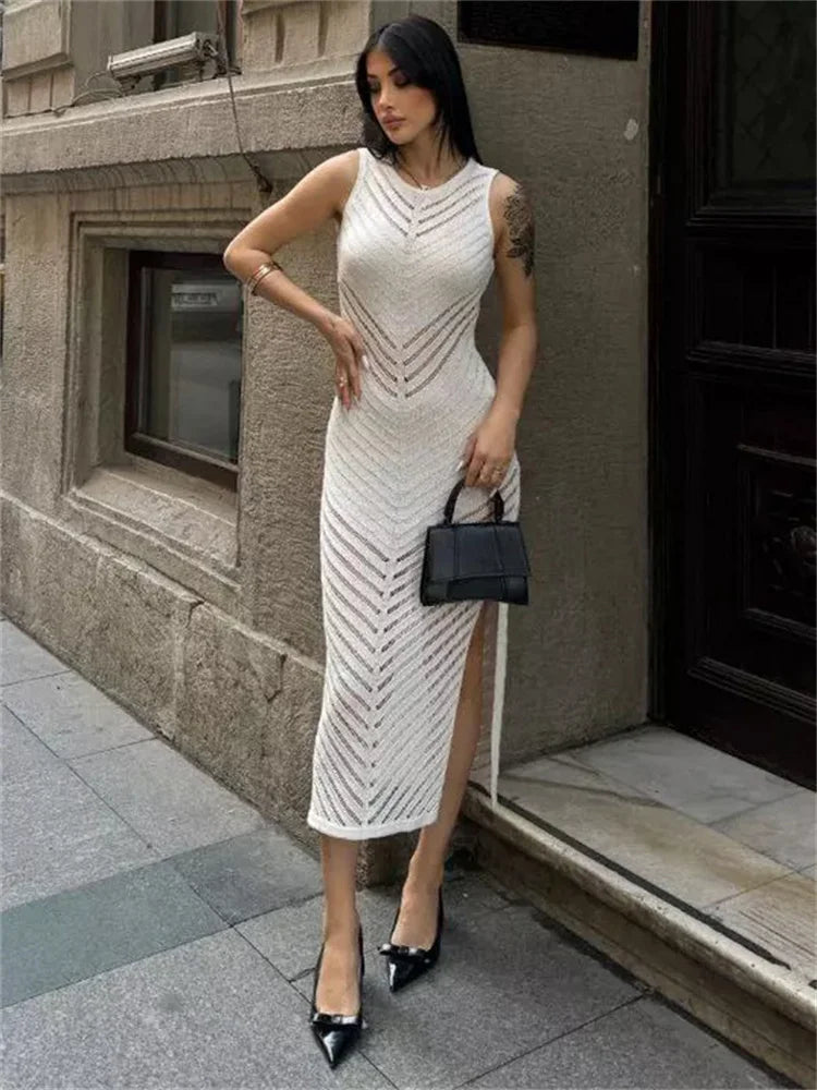 Vestido largo de punto con agujeros y retazos para mujer, de cintura alta, sin mangas, transparente, elegante, para fiesta