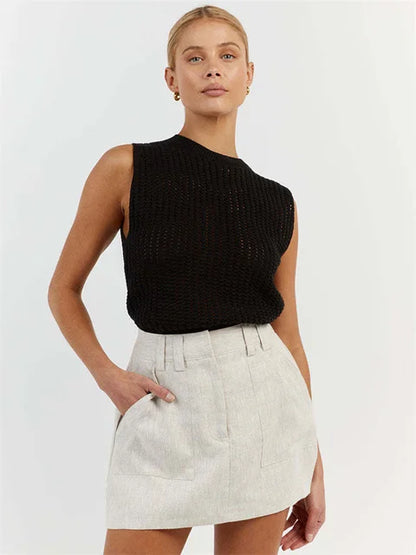 Camiseta de tirantes sexy de punto calado para mujer, sin mangas, de punto de calle, estilo Y2k, para vacaciones