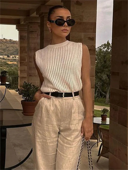 Camiseta de tirantes sexy de punto calado para mujer, sin mangas, de punto de calle, estilo Y2k, para vacaciones