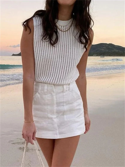 Camiseta de tirantes sexy de punto calado para mujer, sin mangas, de punto de calle, estilo Y2k, para vacaciones