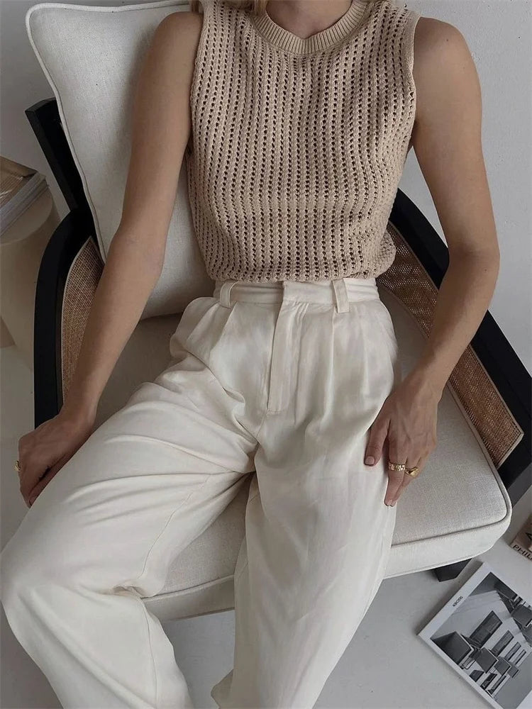 Camiseta de tirantes sexy de punto calado para mujer, sin mangas, de punto de calle, estilo Y2k, para vacaciones