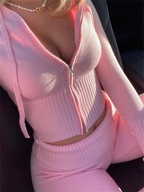 Knit Hoodie And Pants Sets Women Outfits Low Waist Knitted Cropped Top Sweat Leggings Women Two Piece Set Tracksuit New