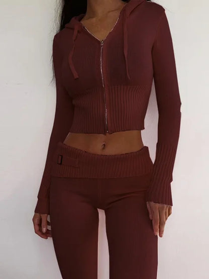 Knit Hoodie And Pants Sets Women Outfits Low Waist Knitted Cropped Top Sweat Leggings Women Two Piece Set Tracksuit New