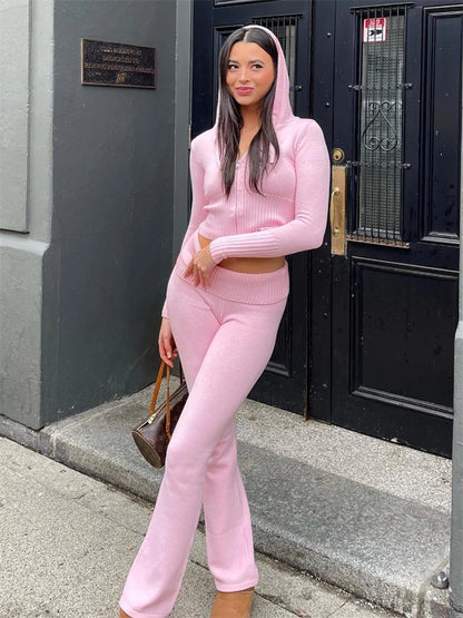 Knit Hoodie And Pants Sets Women Outfits Low Waist Knitted Cropped Top Sweat Leggings Women Two Piece Set Tracksuit New