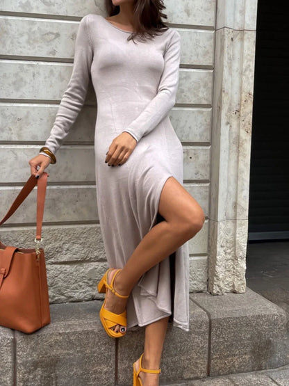 Knit Off-Shoulder Slim Maxi Dress For Women Elegant Side Split Scoop Neck Knitwear Dress Outfits Long Sleeve Female Dress