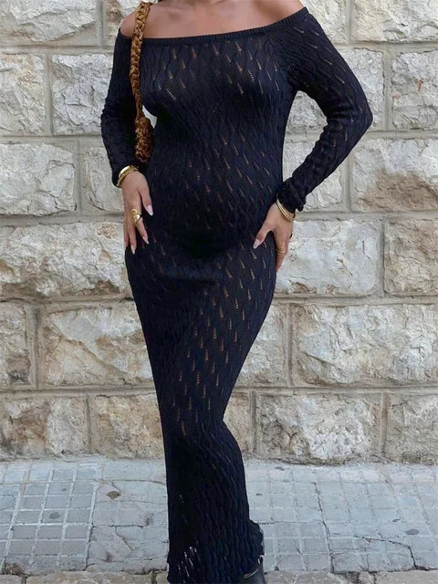 Vestido largo de punto con hombros descubiertos: vestido de punto calado con diseño patchwork