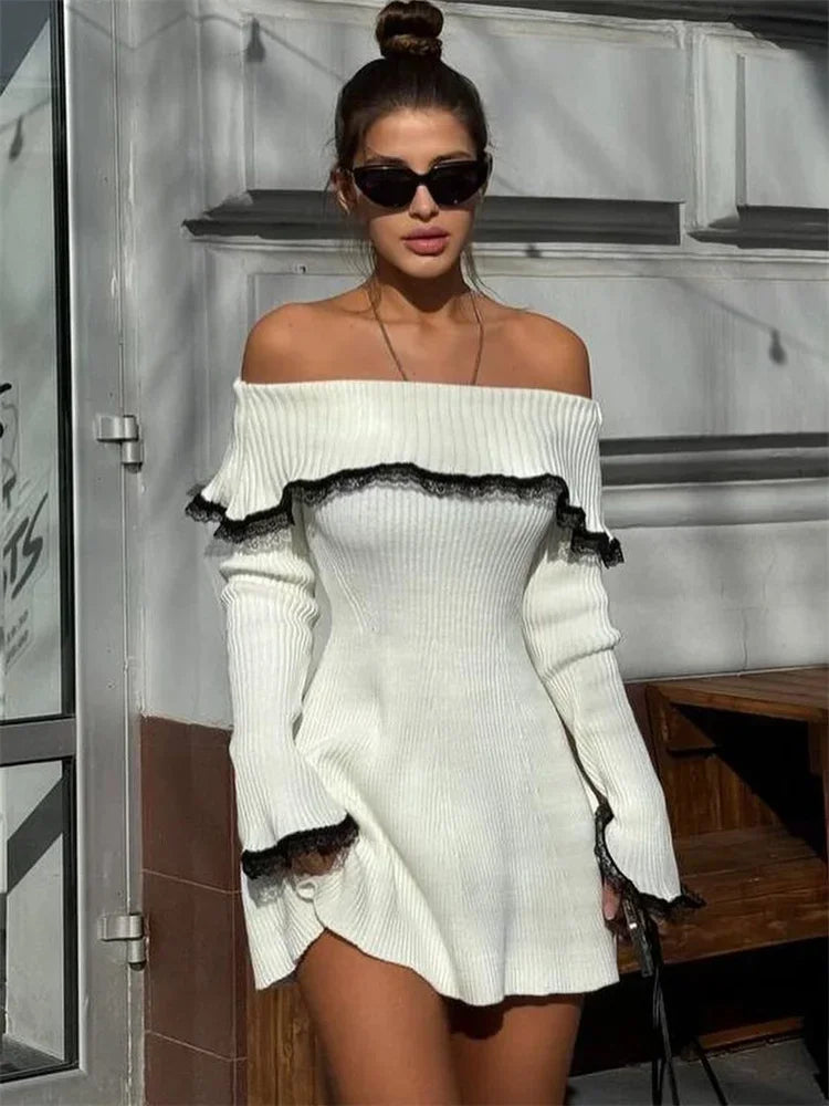Knit Off-Shoulder Sweater Mini Dress Women’s Lace Patchwork Ribbed Slim Backless Elegant Party Dress Knitwear Mini Dress