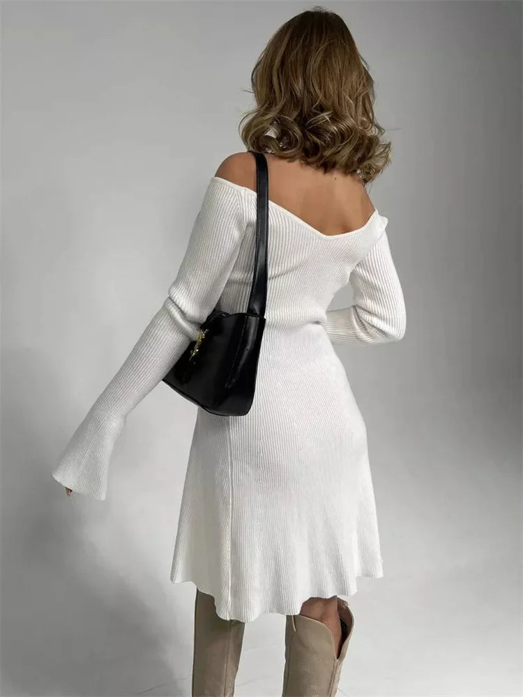 Knit Off-Shoulder V-Neck Mini Dress For Women Ribbed Loose Casual High Waist Long Sleeve Knitwear Dress Women’s Mini Dress