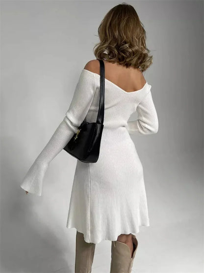 Knit Off-Shoulder V-Neck Mini Dress For Women Ribbed Loose Casual High Waist Long Sleeve Knitwear Dress Women’s Mini Dress