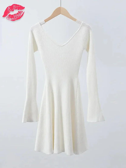 Knit Off-Shoulder V-Neck Mini Dress For Women Ribbed Loose Casual High Waist Long Sleeve Knitwear Dress Women’s Mini Dress