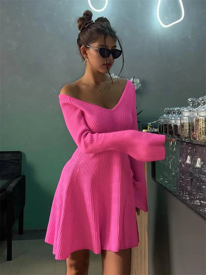Knit Off-Shoulder V-Neck Mini Dress For Women Ribbed Loose Casual High Waist Long Sleeve Knitwear Dress Women’s Mini Dress