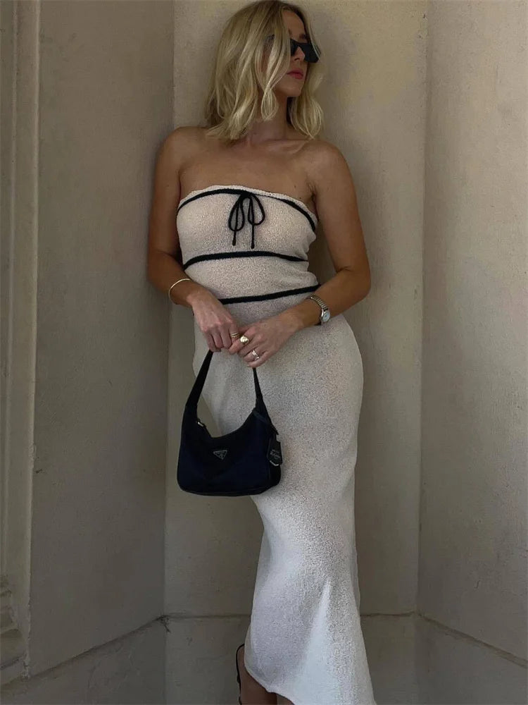 Knit Patchwork Backless Long Dress Women Elegant Fashion Bandage Slim Contrast High Waist Dress Female Knitwear Maxi Dress