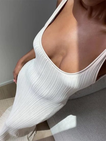 Vestido largo ajustado de punto acanalado para mujer, sin espalda, cuello redondo, elegante, para fiestas, de punto con retazos