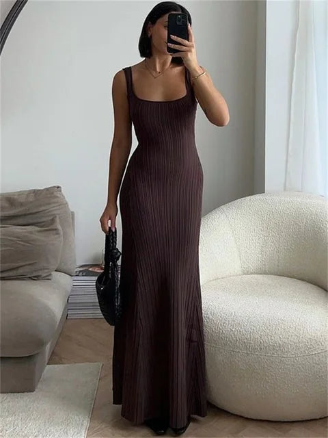 Vestido largo ajustado de punto acanalado para mujer, sin espalda, cuello redondo, elegante, para fiestas, de punto con retazos