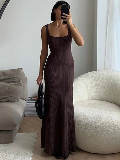 Vestido largo ajustado de punto acanalado para mujer, sin espalda, cuello redondo, elegante, para fiestas, de punto con retazos