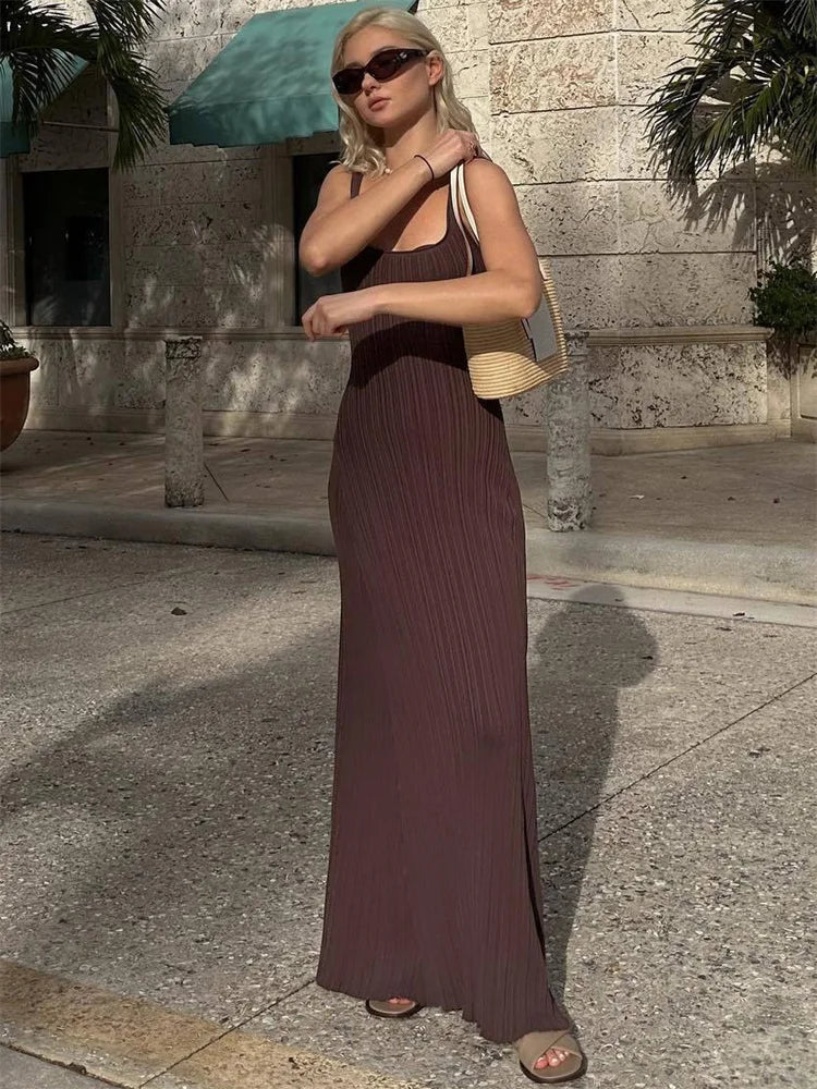 Vestido largo ajustado de punto acanalado para mujer, sin espalda, cuello redondo, elegante, para fiestas, de punto con retazos