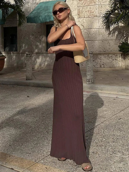 Vestido largo ajustado de punto acanalado para mujer, sin espalda, cuello redondo, elegante, para fiestas, de punto con retazos
