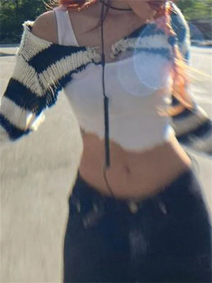 Tops de punto para mujer, minicárdigan de rayas blancas y negras, prenda de punto, top de manga larga con hombros caídos, estilo Y2K, para chicas electrónicas
