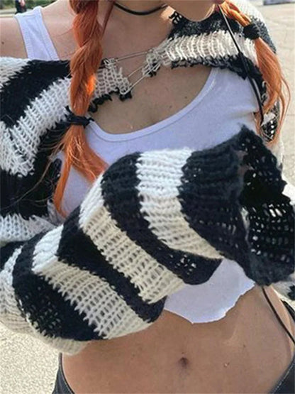 Tops de punto para mujer, minicárdigan de rayas blancas y negras, prenda de punto, top de manga larga con hombros caídos, estilo Y2K, para chicas electrónicas