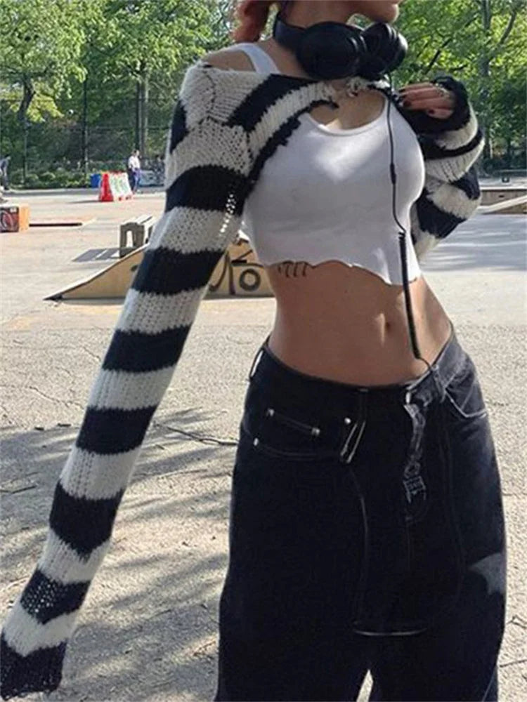 Tops de punto para mujer, minicárdigan de rayas blancas y negras, prenda de punto, top de manga larga con hombros caídos, estilo Y2K, para chicas electrónicas