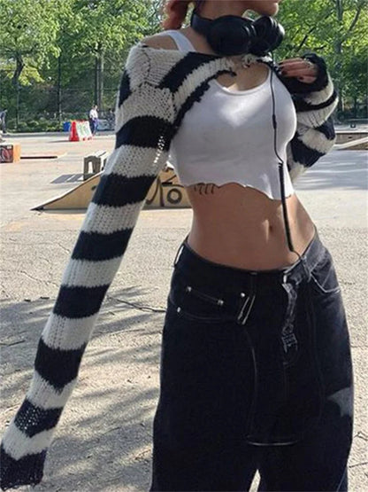 Tops de punto para mujer, minicárdigan de rayas blancas y negras, prenda de punto, top de manga larga con hombros caídos, estilo Y2K, para chicas electrónicas