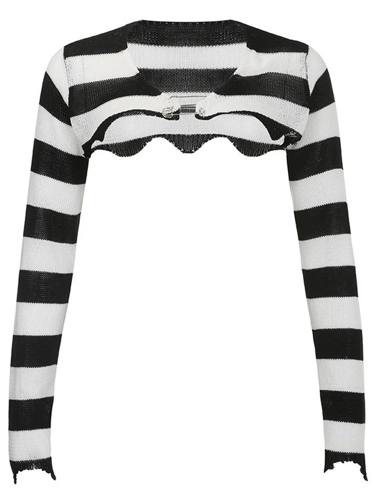 Tops de punto para mujer, minicárdigan de rayas blancas y negras, prenda de punto, top de manga larga con hombros caídos, estilo Y2K, para chicas electrónicas