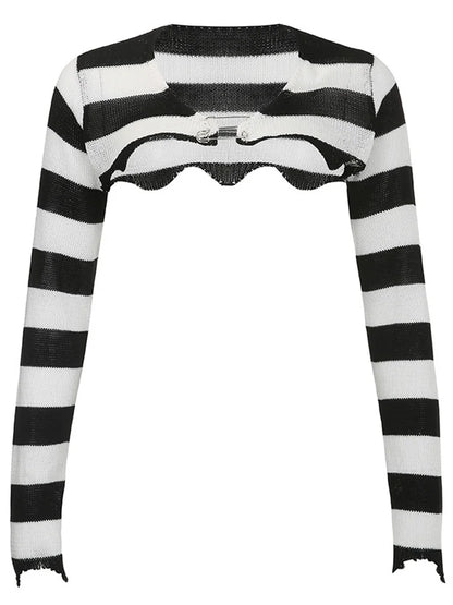 Tops de punto para mujer, minicárdigan de rayas blancas y negras, prenda de punto, top de manga larga con hombros caídos, estilo Y2K, para chicas electrónicas
