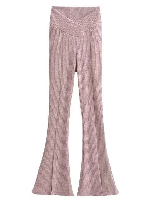 Knit Skinny Flared Trousers Split Out Trousers For Women Cross Low Waist White Casual Streetwear Flared Pants 2025 New
