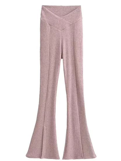 Knit Skinny Flared Trousers Split Out Trousers For Women Cross Low Waist White Casual Streetwear Flared Pants 2025 New