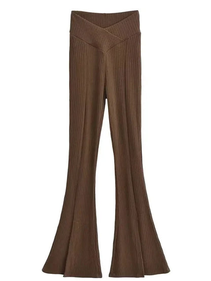Knit Skinny Flared Trousers Split Out Trousers For Women Cross Low Waist White Casual Streetwear Flared Pants 2025 New
