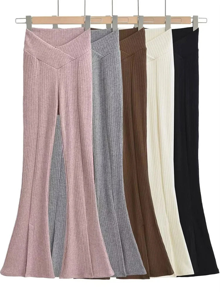 Knit Skinny Flared Trousers Split Out Trousers For Women Cross Low Waist White Casual Streetwear Flared Pants 2025 New