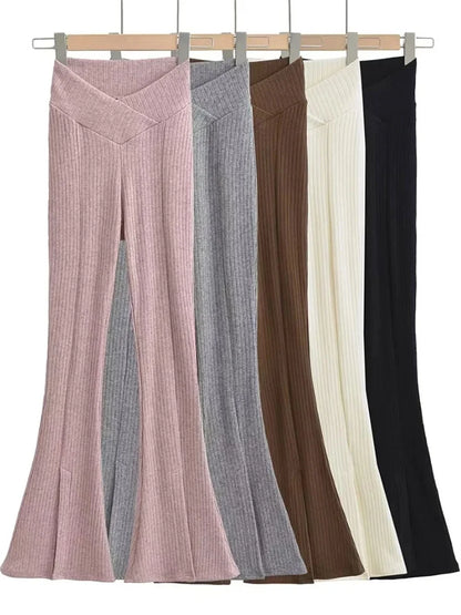 Knit Skinny Flared Trousers Split Out Trousers For Women Cross Low Waist White Casual Streetwear Flared Pants 2025 New