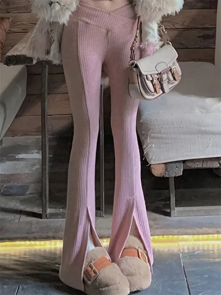 Knit Skinny Flared Trousers Split Out Trousers For Women Cross Low Waist White Casual Streetwear Flared Pants 2025 New